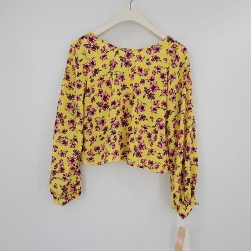 GB Gianni Bini Yellow Floral Pink Open Tie Back Crop Long Sleeve Blouse X-Large